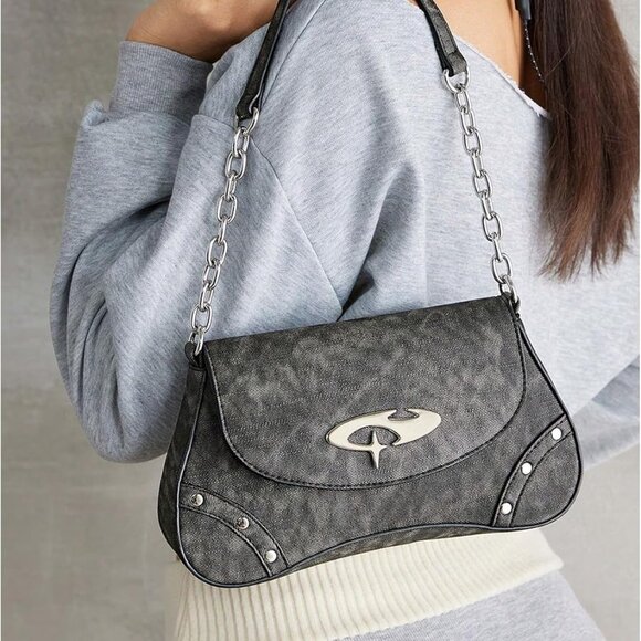 Women's PU Leather Punk Studded Flap Chain Top Handle Shoulder Bag - Picture 6 of 6